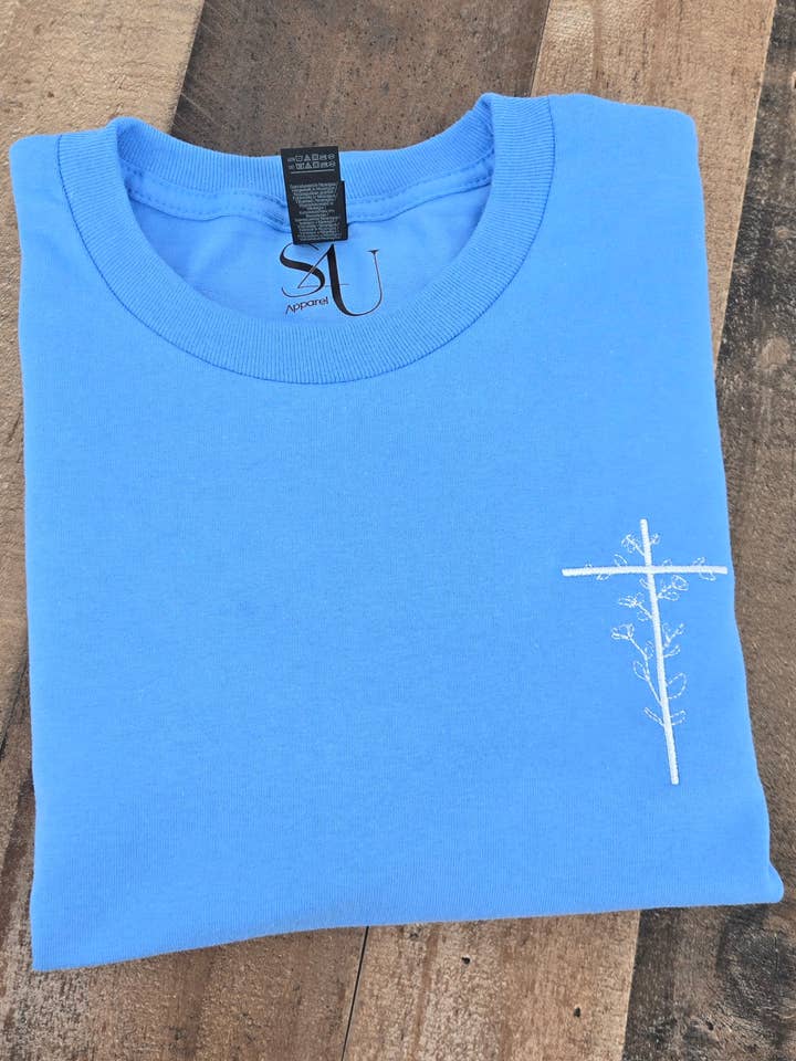 S4U apparel LLC - Wholesale T-Shirt - Unisex - Embroidered Floral Cross Christian Faith Long Sleeve T-Shir0