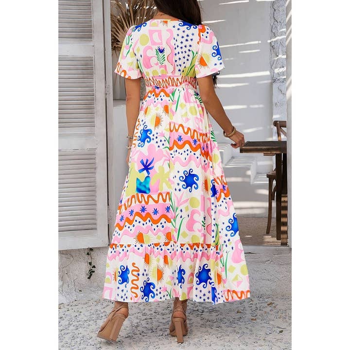 Elings - Wholesale Dress - Women's - Allover Print Deep V Elastic Waist Band Maxi Dress12