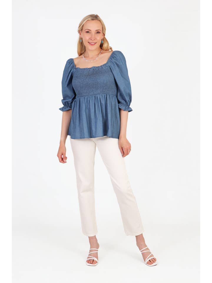 Sarta – wholesale Blouse – Women’s – Denim Look Milkmaid Top with Puff Sleeves in Blue2