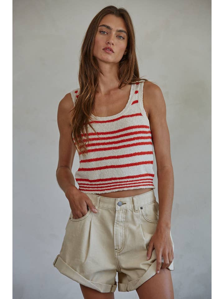 By Together - Wholesale Tank Top - Women's - W1858 | Knit Sweater Cotton Striped Round Neck Tank Top