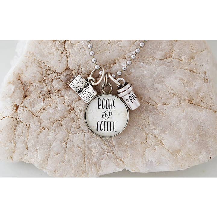 Books and Coffee Necklace for wholesale by Jennifer Dahl Designs LLC