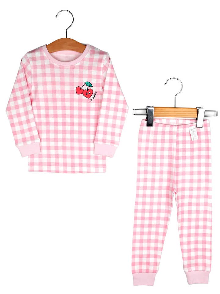 Pink Checkered Cherry Long Organic Cotton Pajama Set for wholesale by Maykids