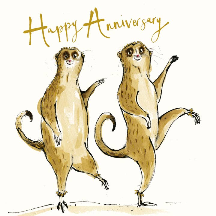 Happy Anniversary Meerkats Gold Foil Card for wholesale by Anna Wright Ltd