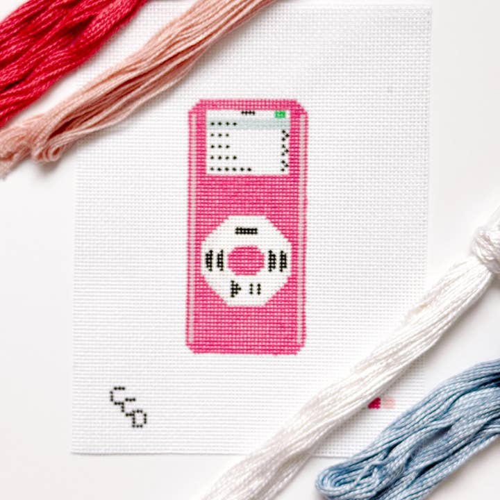 Y2K MP3 Player Pink Nostalgic Needlepoint Canvas 13 Mesh 5"x2.5" Design, Y2K Needlepoint, Aesthetic Needlepoint Canvas Hand Painted for wholesale by Cotswold Co Designs