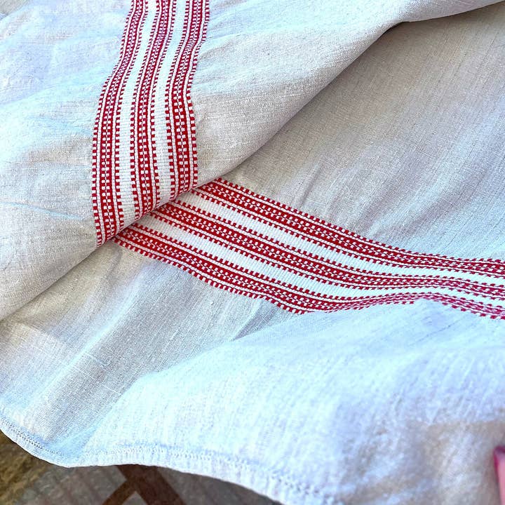 Kalocsa - Venta al por mayor Manteles - Mantel europeo antiguo de lino, húngaro a rayas rojas