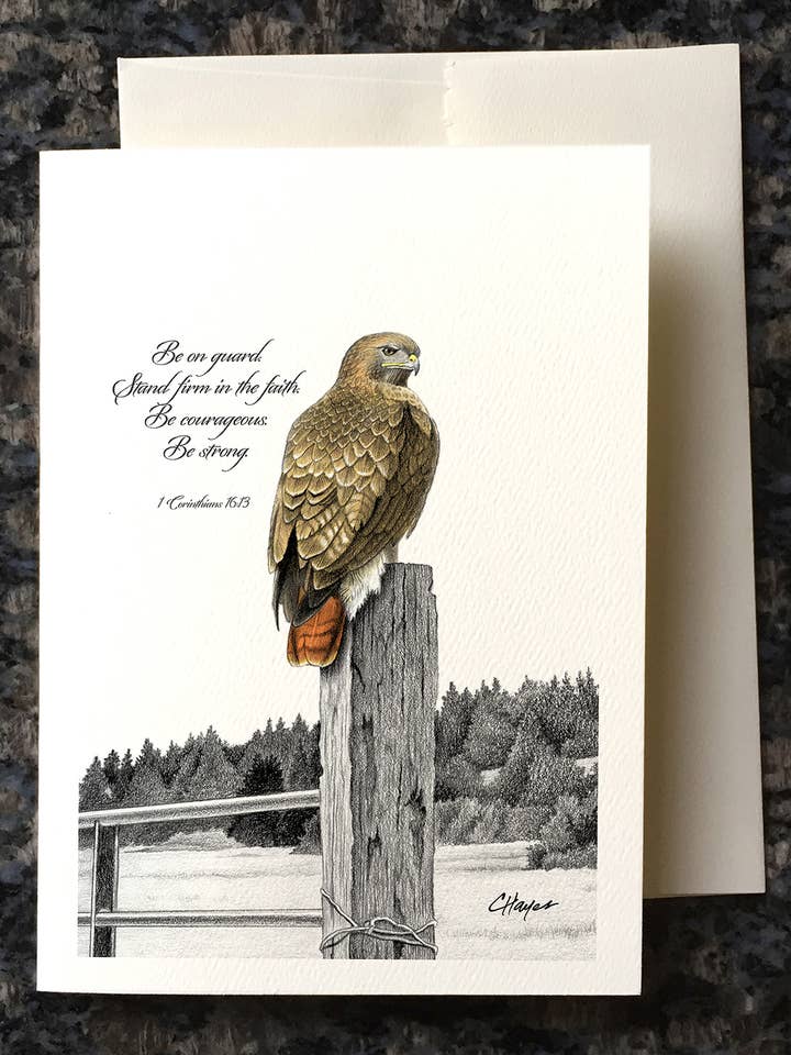 Hilsen kort: Høg på stolpe m/vers, fra original kunst for engroshandel hos Colin Hayes Art