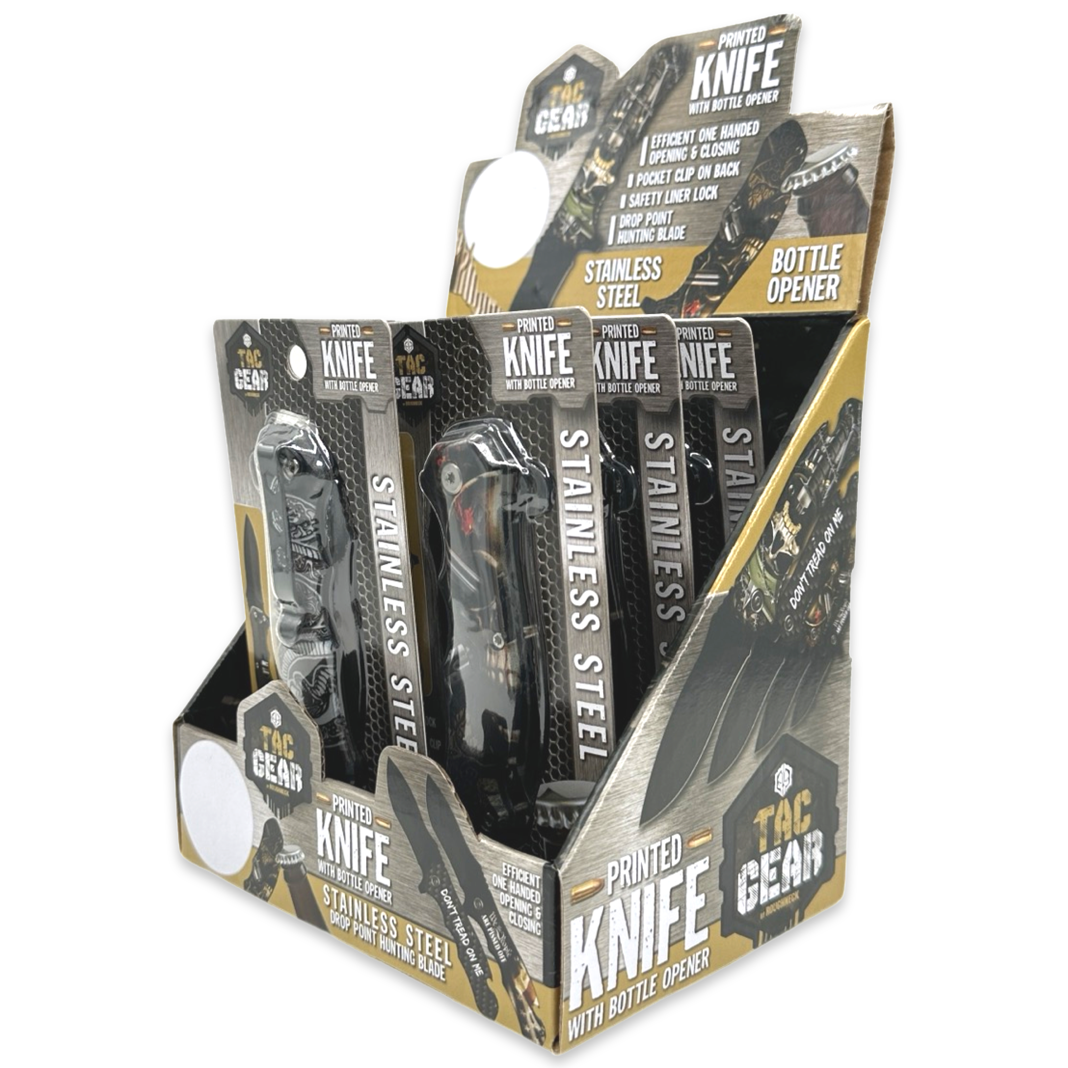 Novelty Brands - Wholesale Pocket Knife/Holder - Tac Gear Bottle Opener Printed Knife Assortment - 6/Display2
