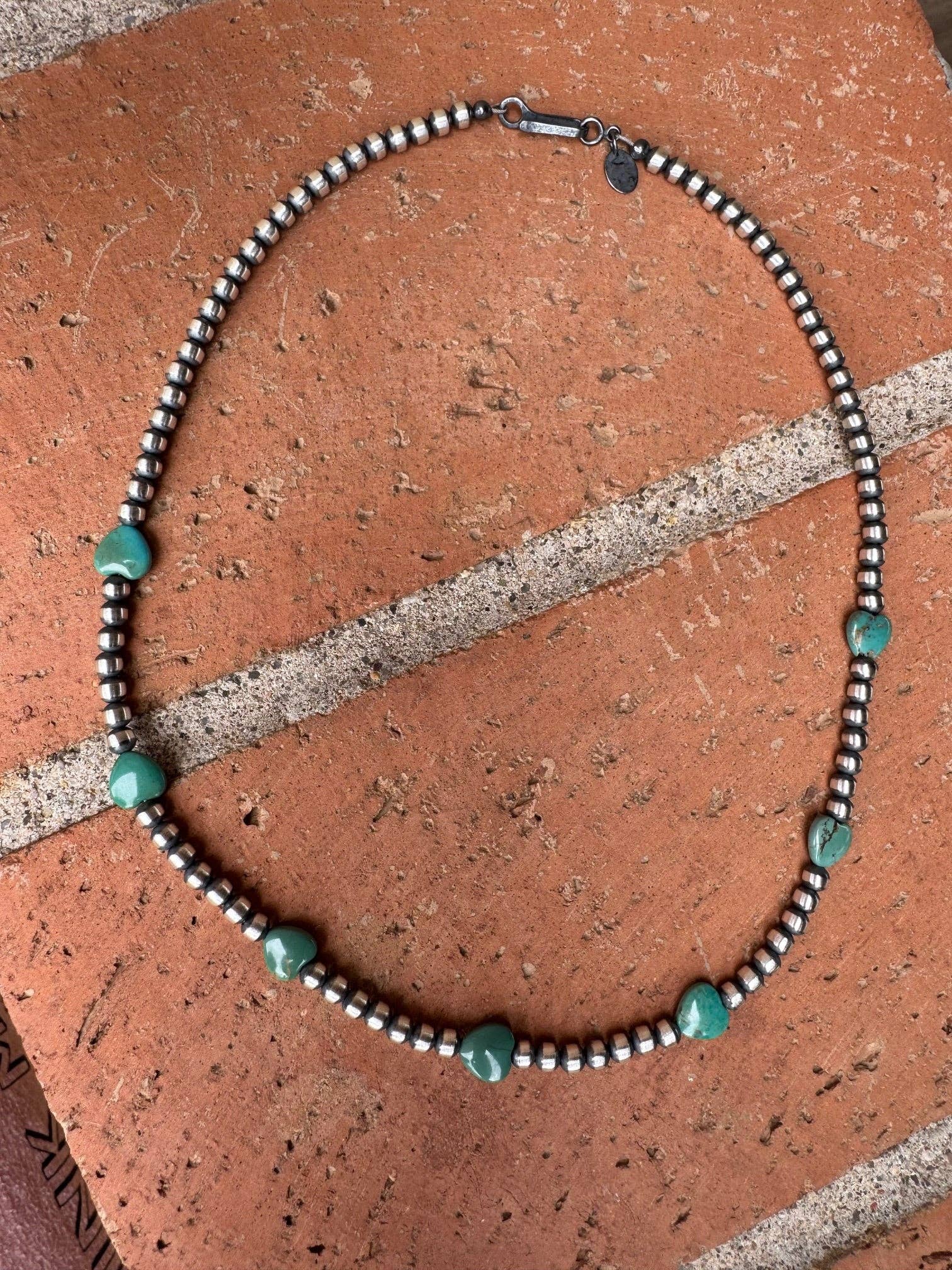 Nizhonitradersllc - Wholesale Beaded/Pearl Necklace - Handcrafted Kingman Turquoise &  Sterling Silver Heart 4mm Beaded Necklace4