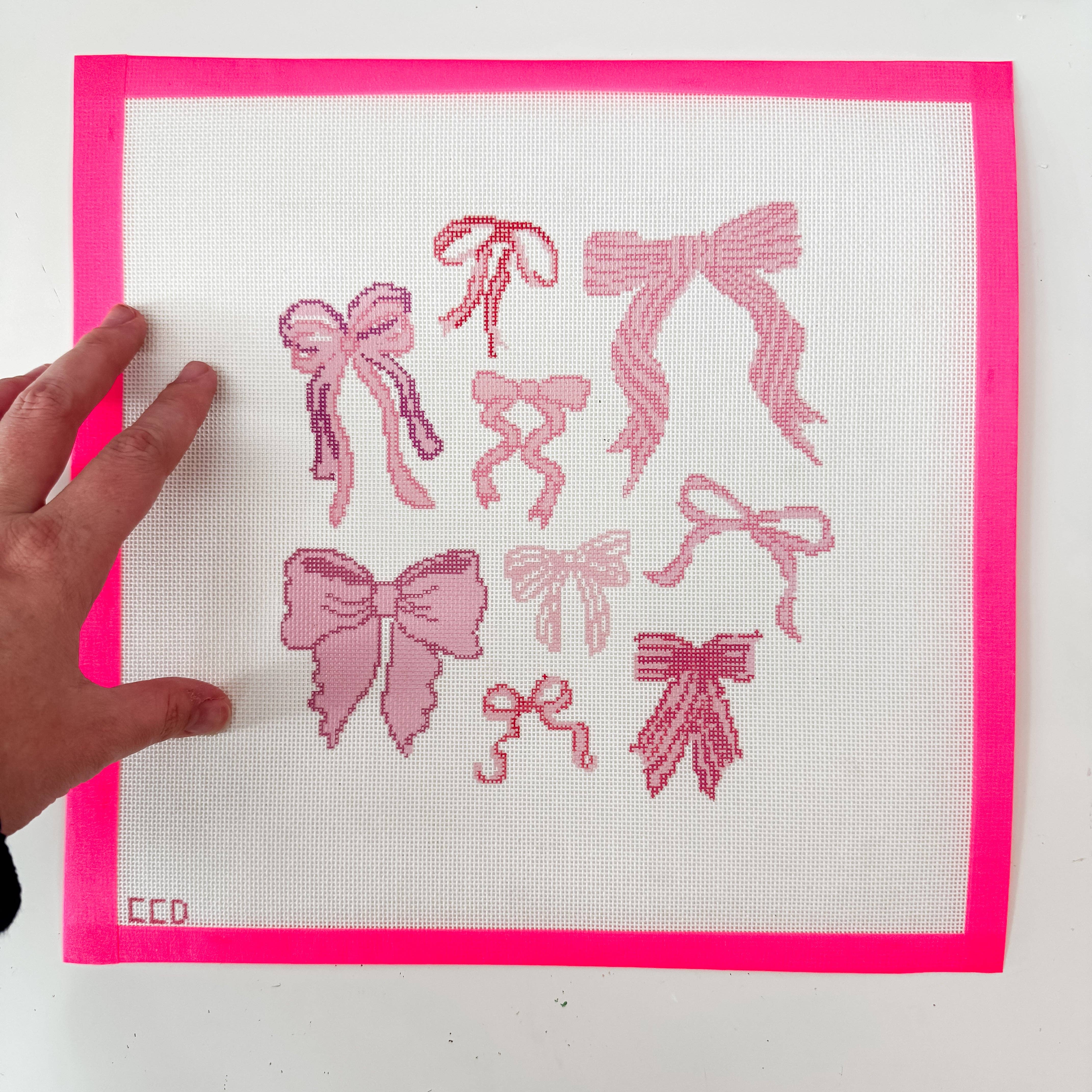 Cotswold Co Designs – wholesale Embroidery/cross-stitch supplies – Hand Painted Coquette Bow 8” Pillow Design Needlepoint Canvas 18 Mesh Coquette Needlepoint Canvas Bow Hand Painted5