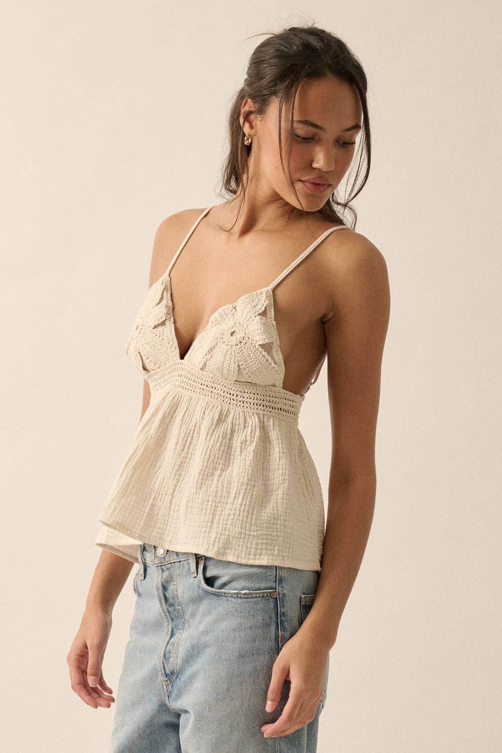 Promesa USA - Vendita all'ingrosso Canotta - Donna - Canotta per babydoll in cotone increspato con motivo floreale all'uncinetto14