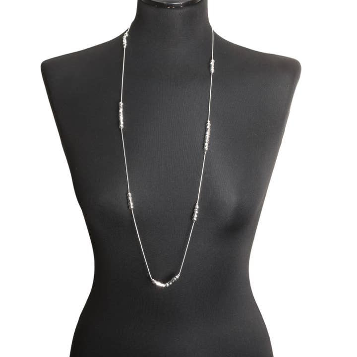 Long Silver Textured Barrel Bead Necklace NK413S for wholesale by Jess & Lou