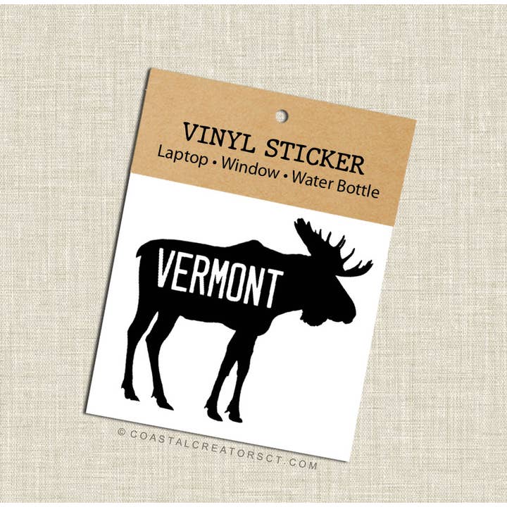 Vermont Moose Vinyl Laptop Sticker (Black, Packaged) for wholesale by Coastal Creators of Connecticut