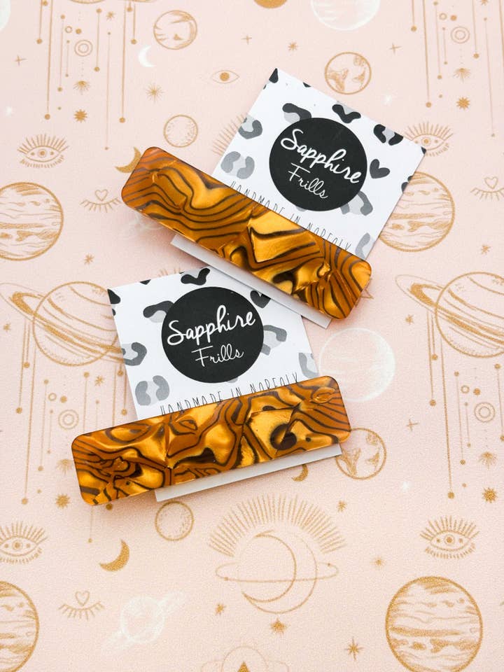 Tan & Black Tiger Striped Rectangle Acrylic Hair Clip for wholesale by Sapphire Frills Ltd