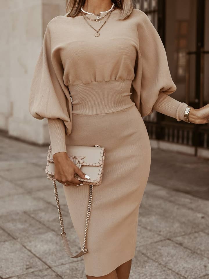 Lily Clothing - Wholesale Dress - Women's - SOLID COLOR LANTERN SLEEVE WAIST ONE-STEP DRESS