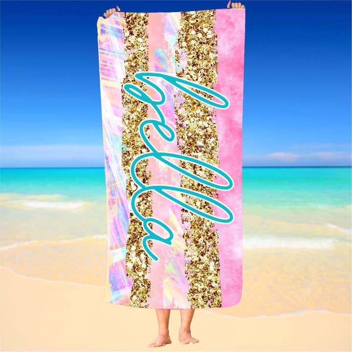 Monogram Junkie - Wholesale Beach Towel - Personalized Pastel and Gold Stripes Beach Towel
