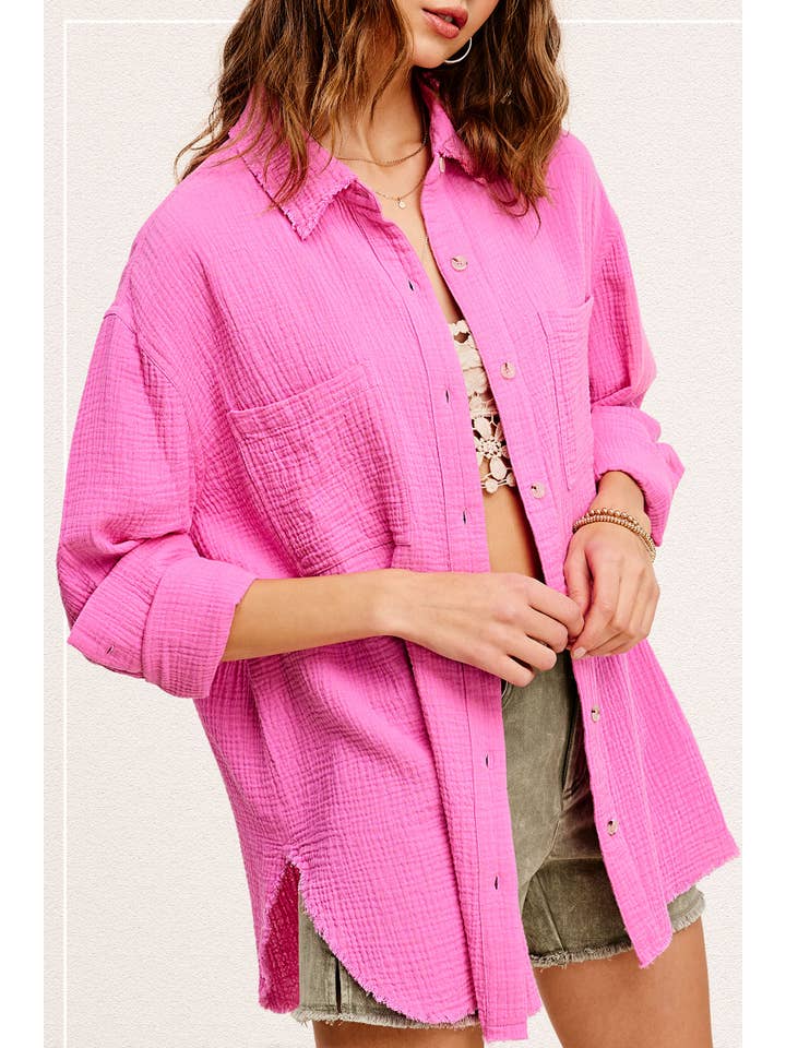 La Miel - Wholesale Button Down Shirt - Women's - SRT7448-Soft Washed Crinkled Gauze Button Down Shirts14