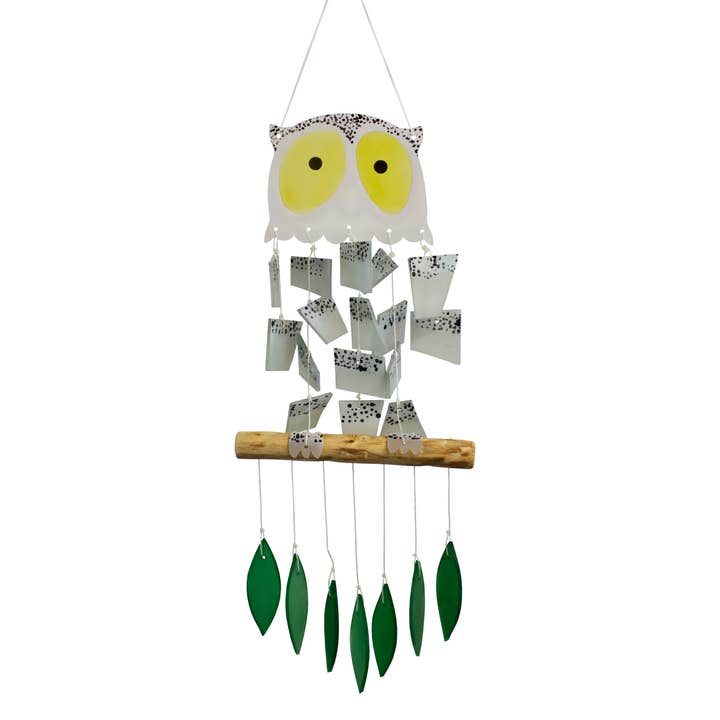 White Owl Tumbled Glass Wind Chime for wholesale by Cohasset Gifts