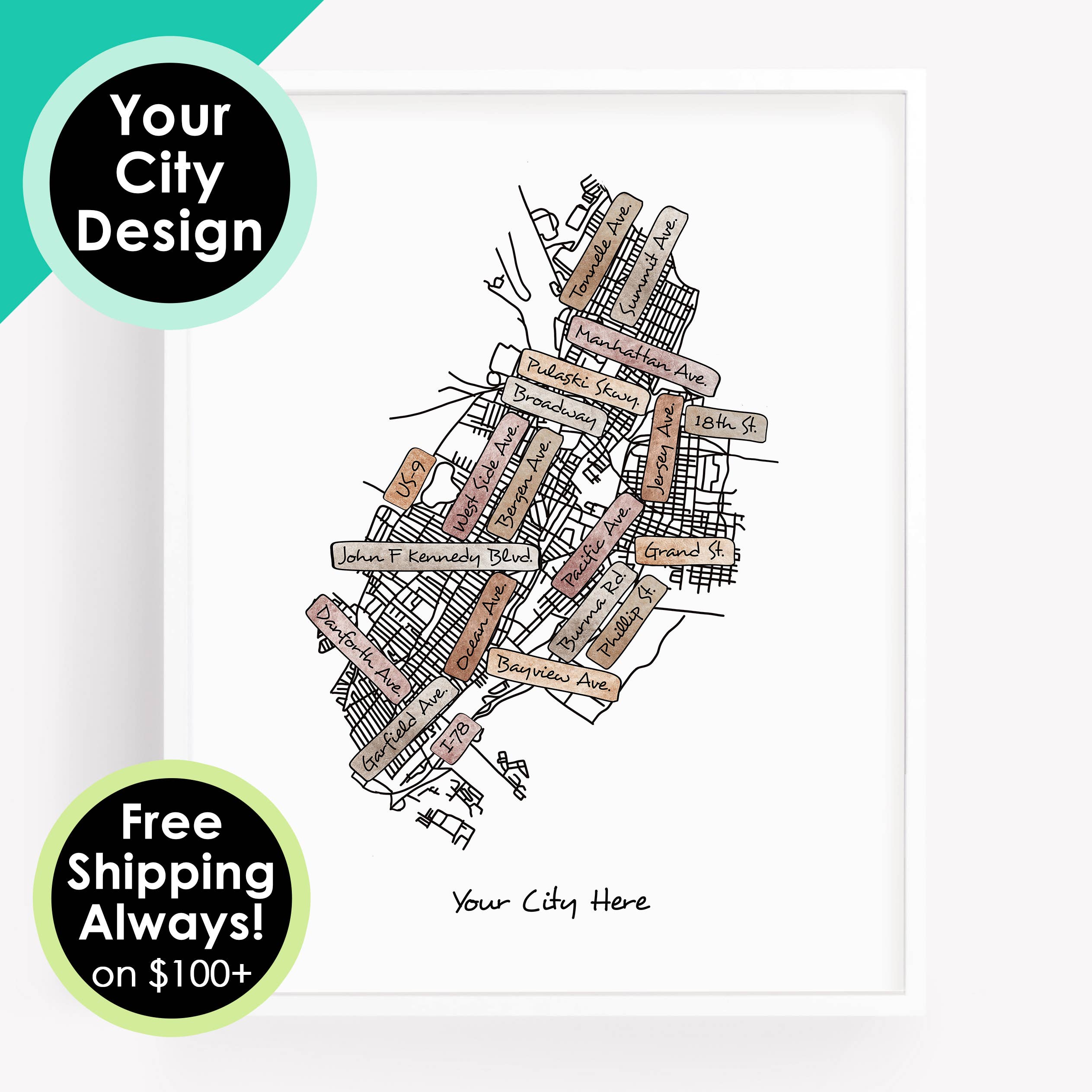 Sparks House Co. - Wholesale Art Print - Street Map Print - Street Names - Your City - Custom Order14