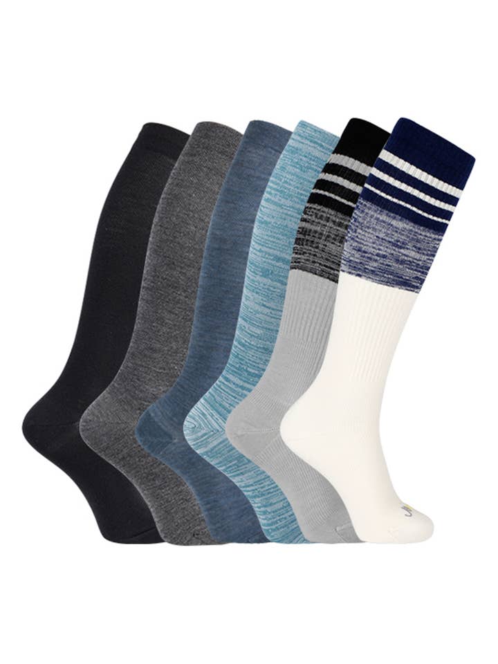 Meias de Compressão Diárias 73% Lã Merino Rica (15-20mmHg) - Mock Rib Colorblock - Pack de 6 por atacado de Ja-vie