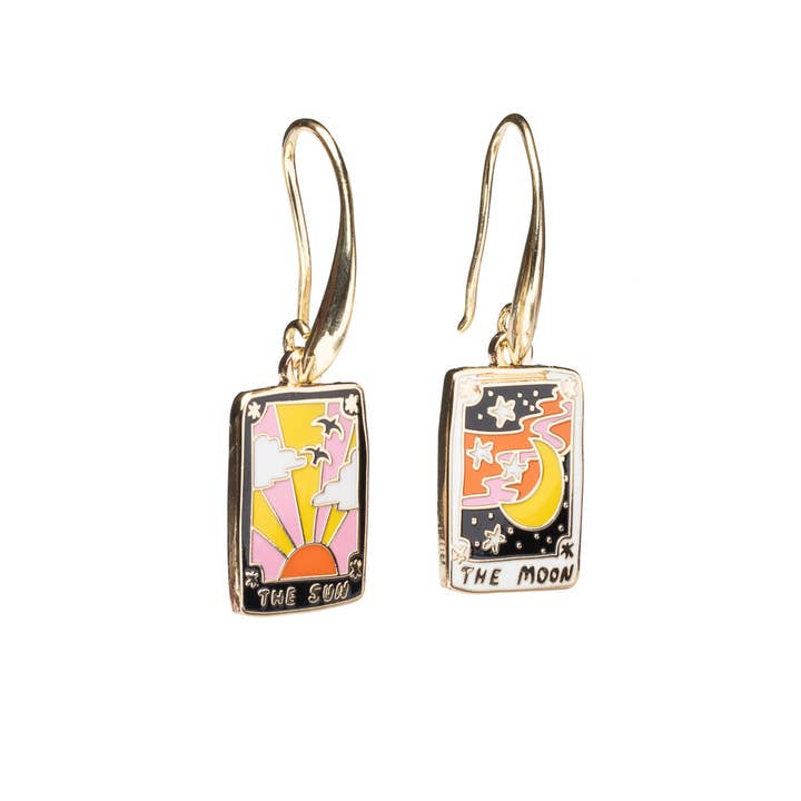 Sun & Moon Tarot Card Earrings - Gold Mystic Jewelry for wholesale by Yellow Owl Workshop