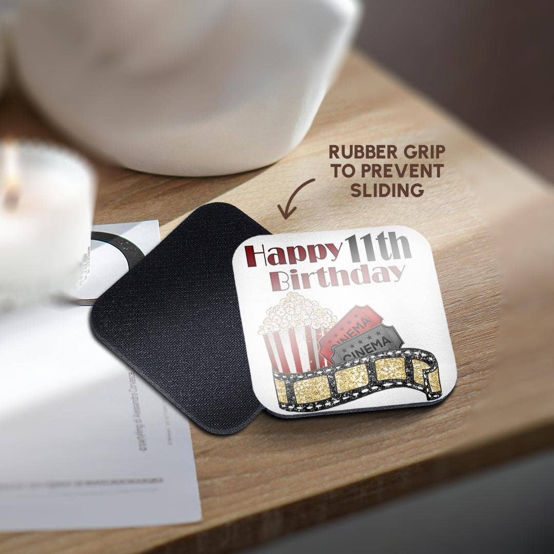 3dRose - Wholesale Coasters - 3dRose, Cute Movie Cinema Themed Happy 11th Birthday, Coaster10
