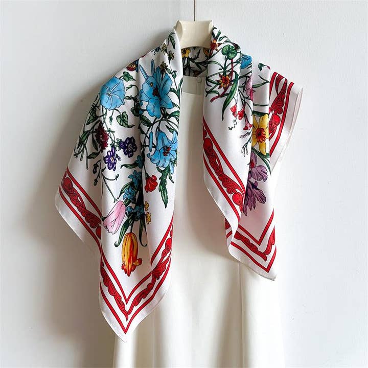 White Floral Butterfly Chic Large Satin Scarf | 90x90cm Bandana | Twill Satin Shawl | Perfect Gift for Her, Mother's Day for wholesale by SueSilkHK