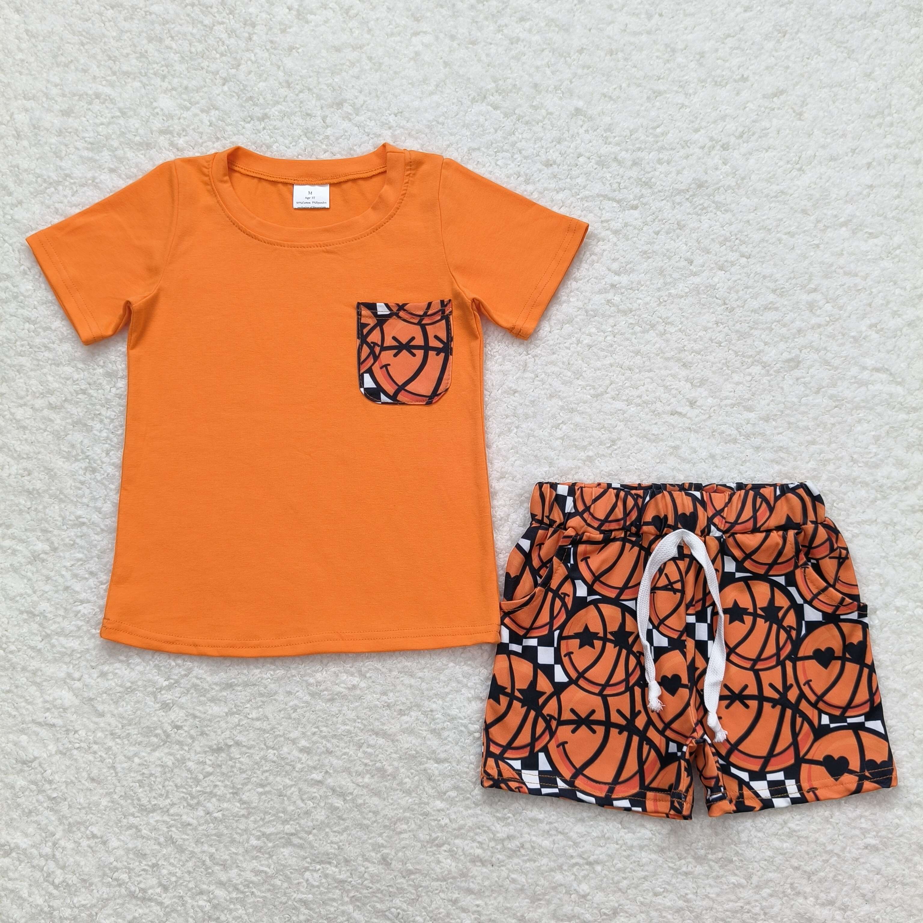 Aier Wholesale - Vente Ensemble haut et short – enfant - Ensembles de vêtements à chemise à poche orange pour bébés garçons0