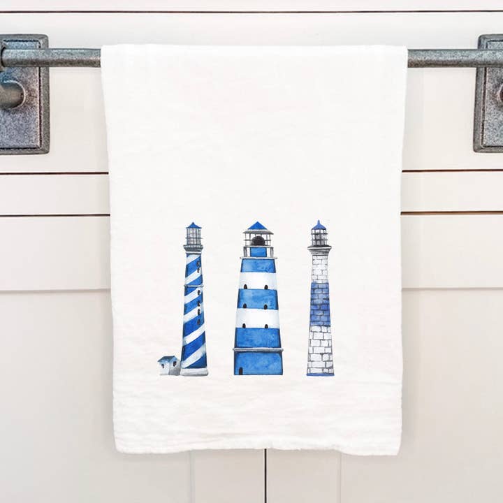 Blue Lighthouses - Cotton Tea Towel for wholesale by Cottage Shore