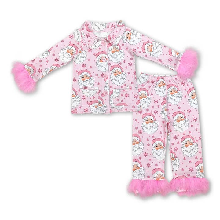 Yawoo Garments - Wholesale Sleepwear Set - Kids - Pink santa fur sleeves button down girls Christmas pajamas