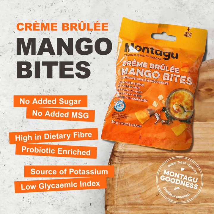 Mahdina - Venta al por mayor Fruta deshidratada - Montagu: Mango Bites sabor Crème Brûlée, (10 x 50 g)3
