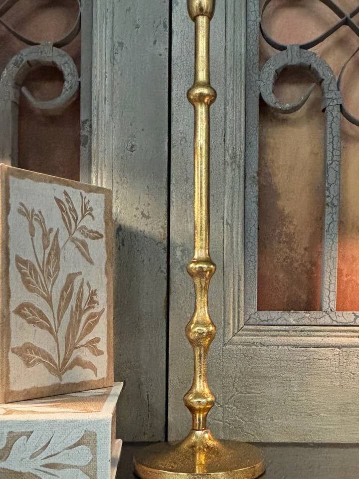 19"H GWEN GOLDEN CANDLESTICK for wholesale by The Light Garden Collection