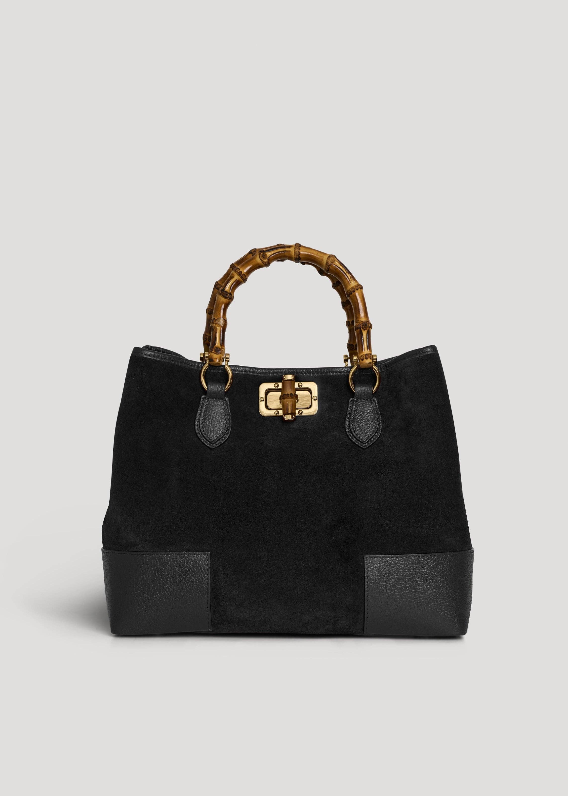 Prestige Milano - Wholesale Tote Bag - Women's - Bamboo Babe Bag in Black Suede and Leather