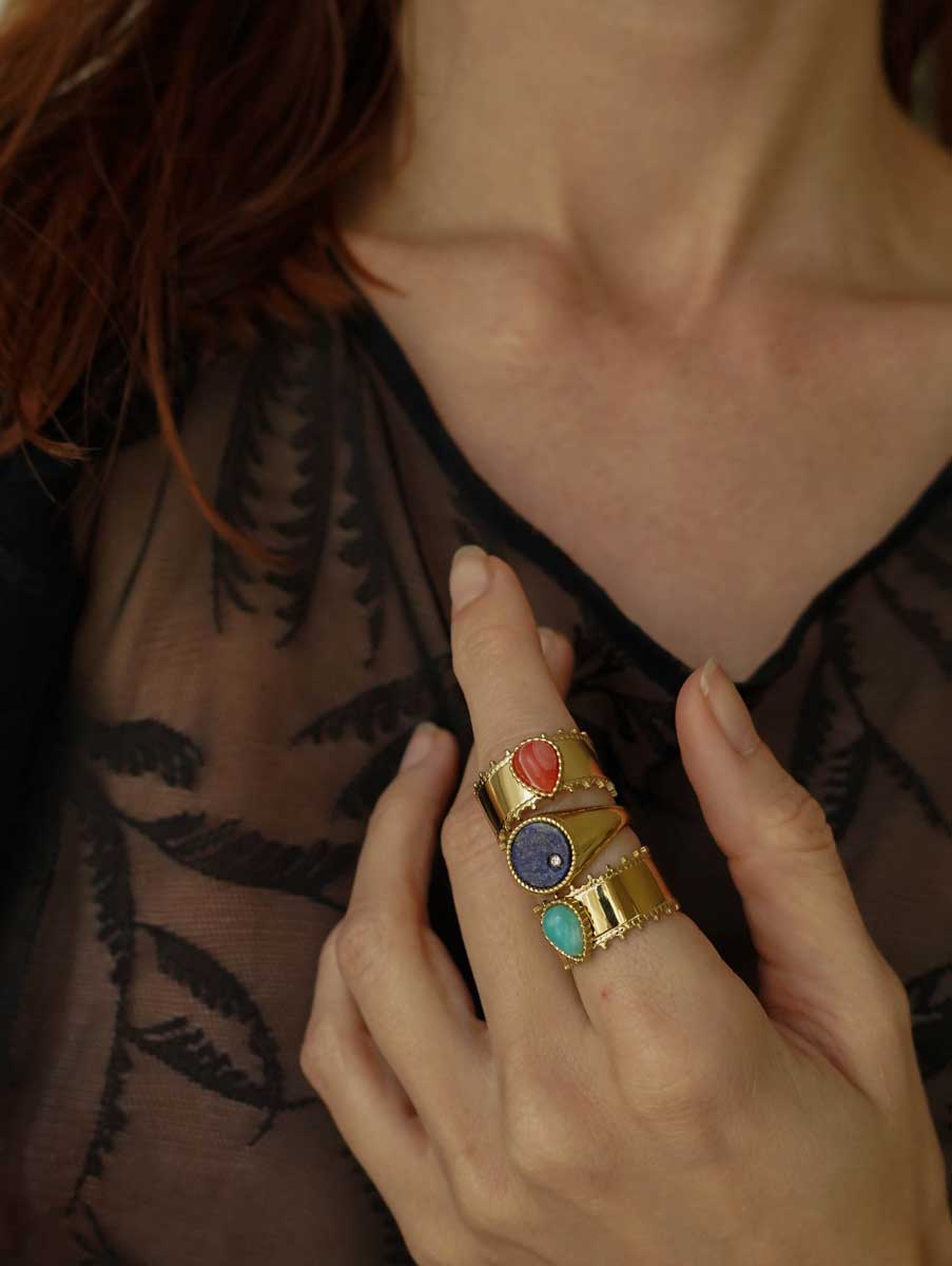 Bijoux 7bis - Vente Bague de cocktail/de cérémonie - Bague Acier Anneau Large Dentelé Pierre5