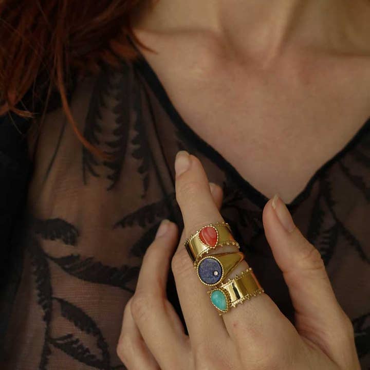 Bijoux 7bis - Vente Bague de cocktail/de cérémonie - Bague Acier Anneau Large Dentelé Pierre5