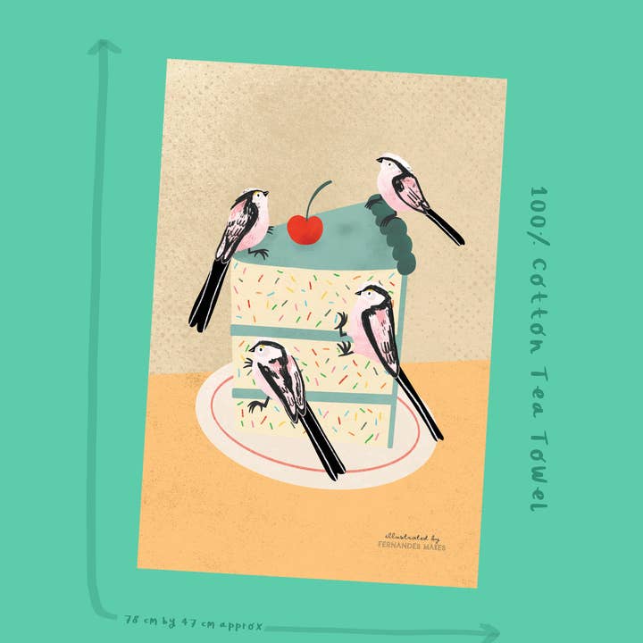 Torchon en coton 100% "Piece Of Cake / Birds" 78cm par 47cm pour la vente par Fernandes Makes