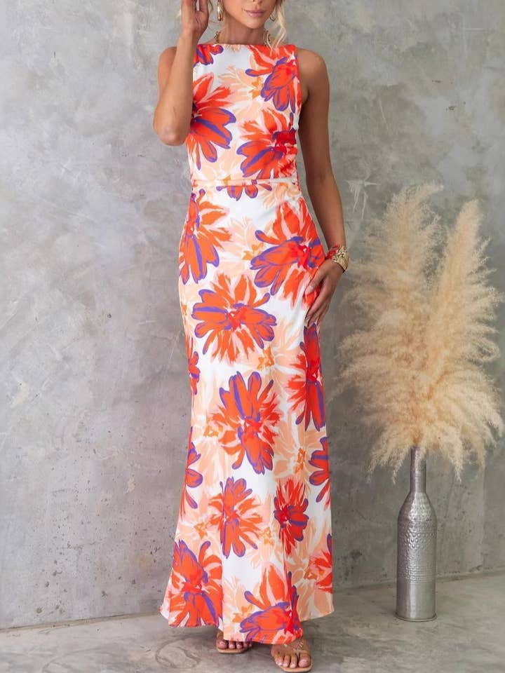 Rosa Clothing - Wholesale Dress - Women's - Fashion Floral Print Sleeveless Backless Dress