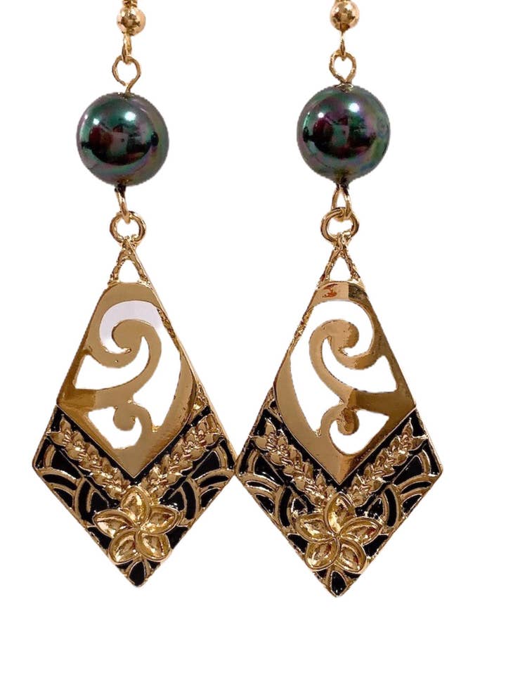 Tribal Wave and Plumeria Flower : Hamilton Gold Earring with for wholesale by Anela's Jewelry