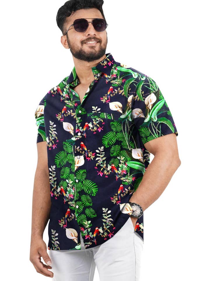 Tropical Print Relax Hawaiian Green Shirt For Men Navy Blue for wholesale by LA LEELA \ HAPPY BAY