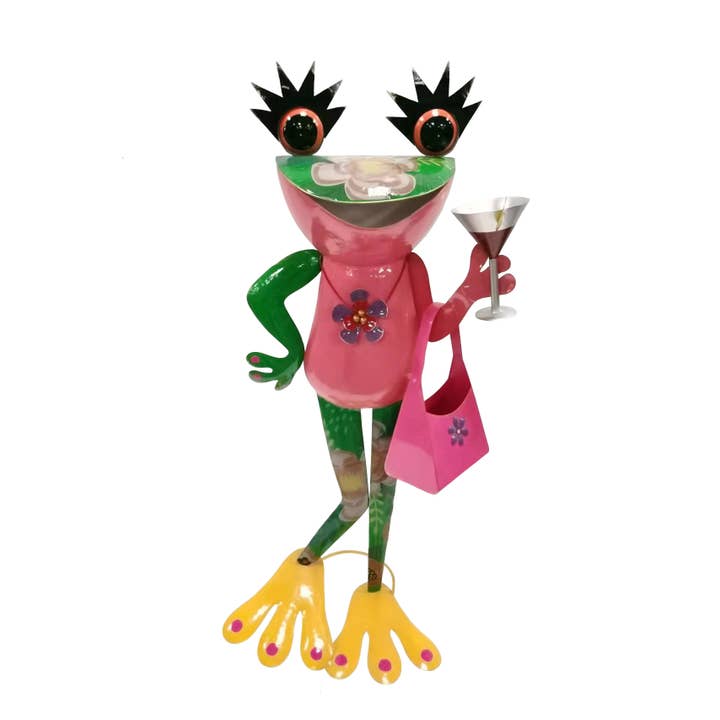 XL Metal Frog Statue with Floral Print Holding Martini Glass for wholesale by Continental Art Center