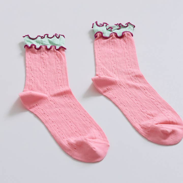 Happy Knits - Wholesale Socks - Women's - Women's Ruffle Trim Cotton Socks - Lightweight & Colorblock