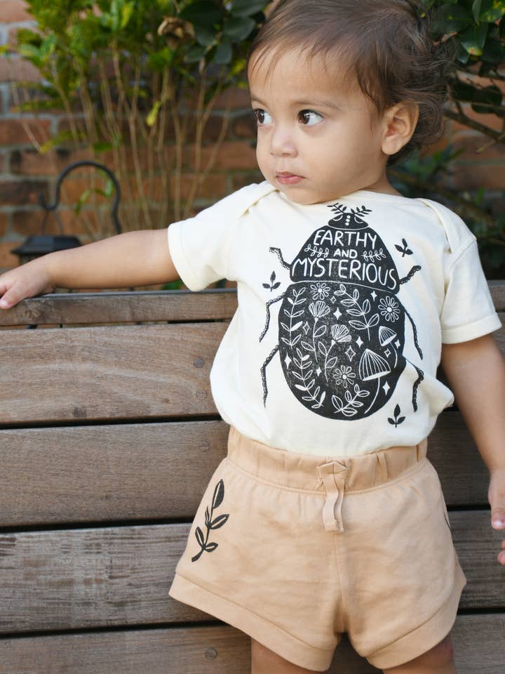 Down-To-Earth Beetle Baby Bodysuit, Earthy Baby Onesie for wholesale by Hippie Baby Co