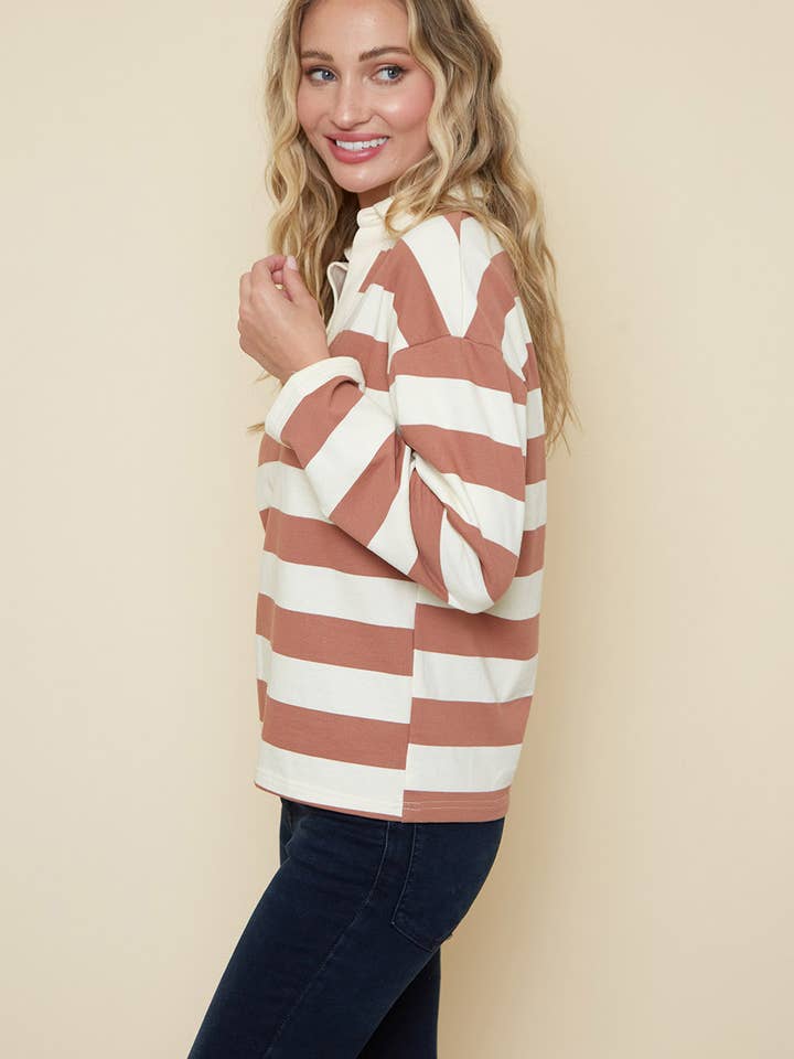 Saints & Hearts - Wholesale Knit Top - Women's - SIT3581B CREAM MAUVE COTTON YARN DYE RUGBY TOP5