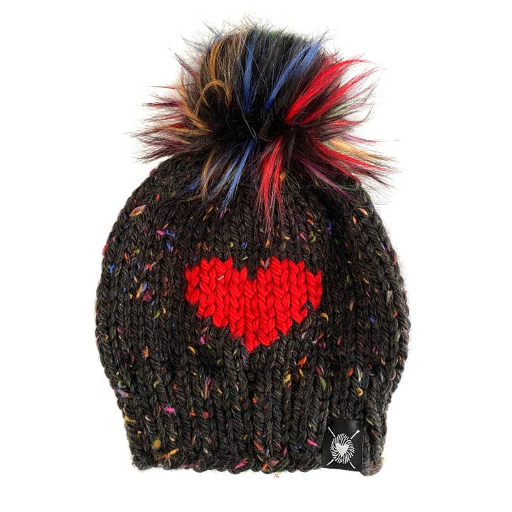 Big Heart Faux Fur Pom-Pom Beanie in Rainbow Love(wool free) for wholesale by Nickichicki