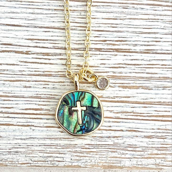 Abalone shell cross charm necklace for wholesale by VB&CO Designs Handmade Jewelry