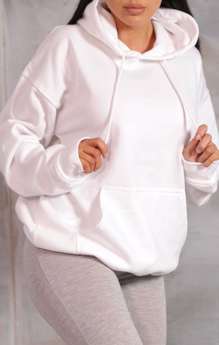 Femme Luxe – wholesale Hoodie – Women's – White Oversized Long Sleeve Front Pocket Drawstring Fleece Hoodie - Stella2