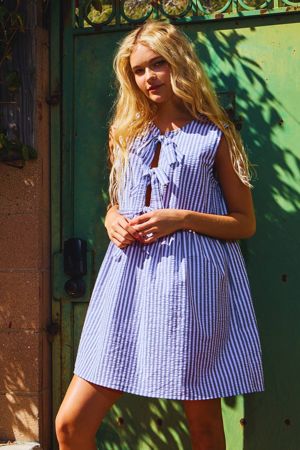 Fuchsia D4368 Seersucker Stripe Print Front Bow Detail Dress for wholesale on Faire3