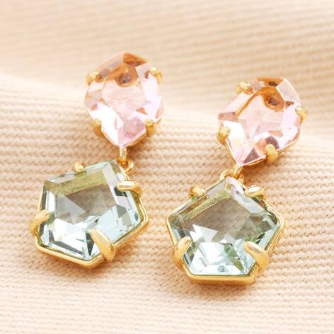 Boucles d'oreilles pendantes en cristal bleu et rose en or pour la vente par Lisa Angel