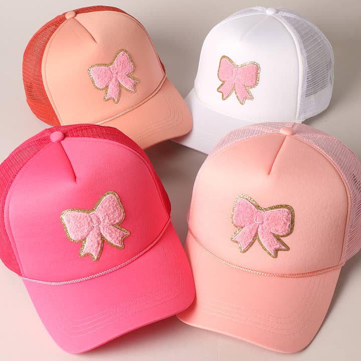 Fashion City - Wholesale Trucker Hat - Women's - Pink Bow Patch Foam Mesh Back Trucker Hat