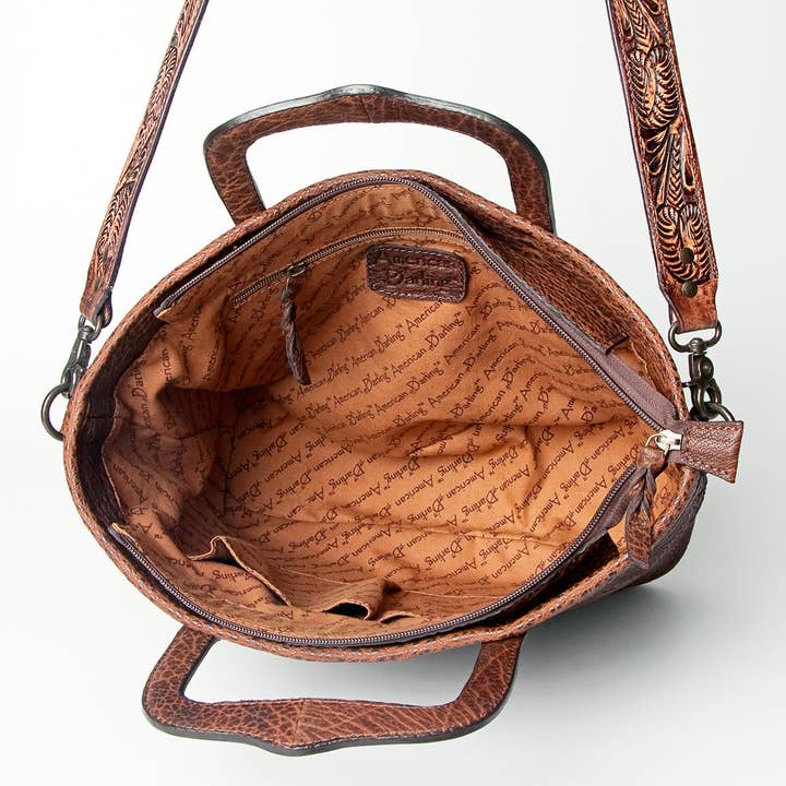 LS Western - Wholesale Tote Bag - Women's - LC-ADBGZ491 Patchwork Embossed Brown Leather Tote Bag - Tooled Handle & Strap Western Satchel5