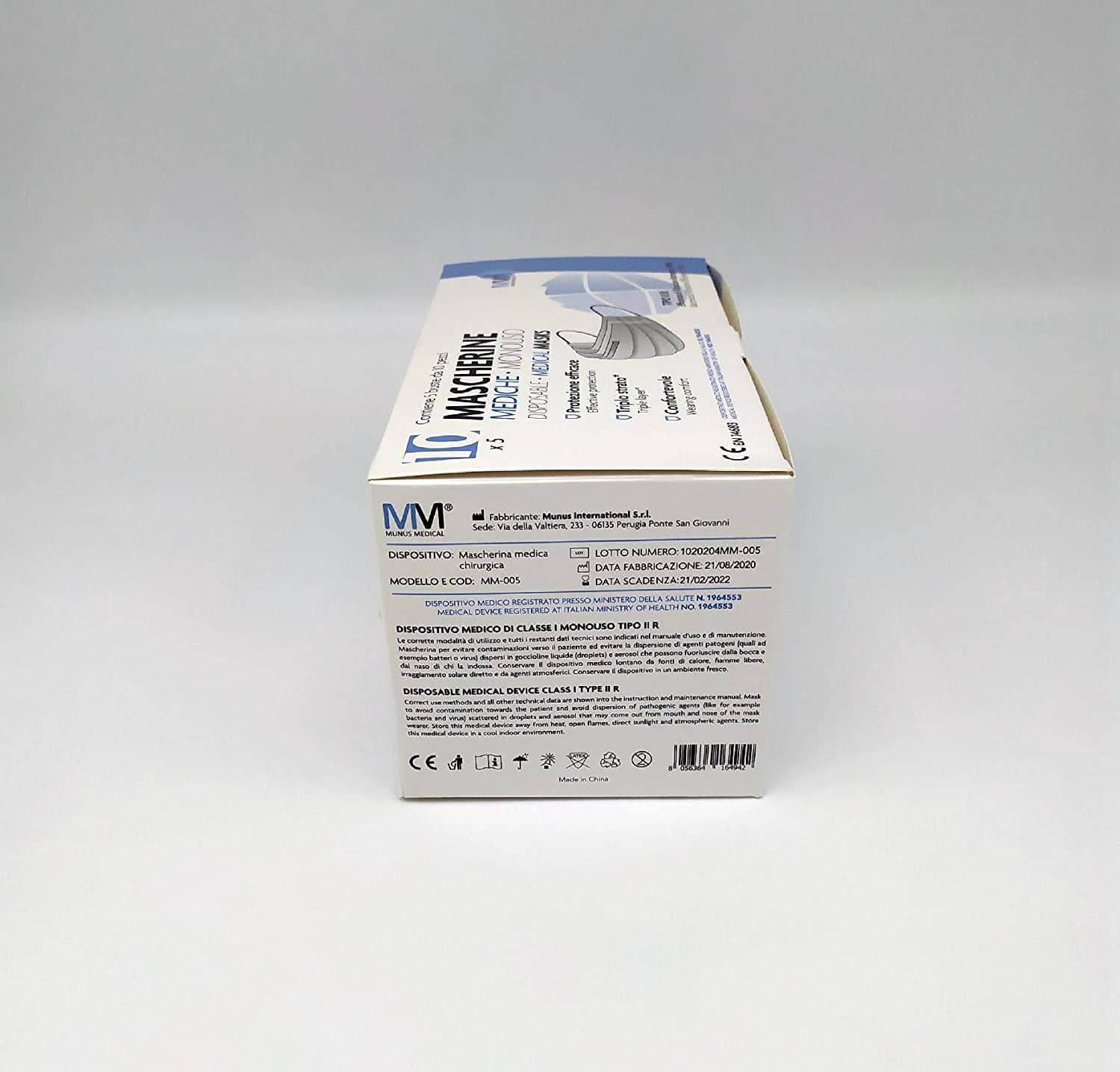 Munus Medical - Venta al por mayor Mascarilla facial protectora - Mascarilla quirúrgica para adultos MM-005 - 5 bolsas de 10 piezas3